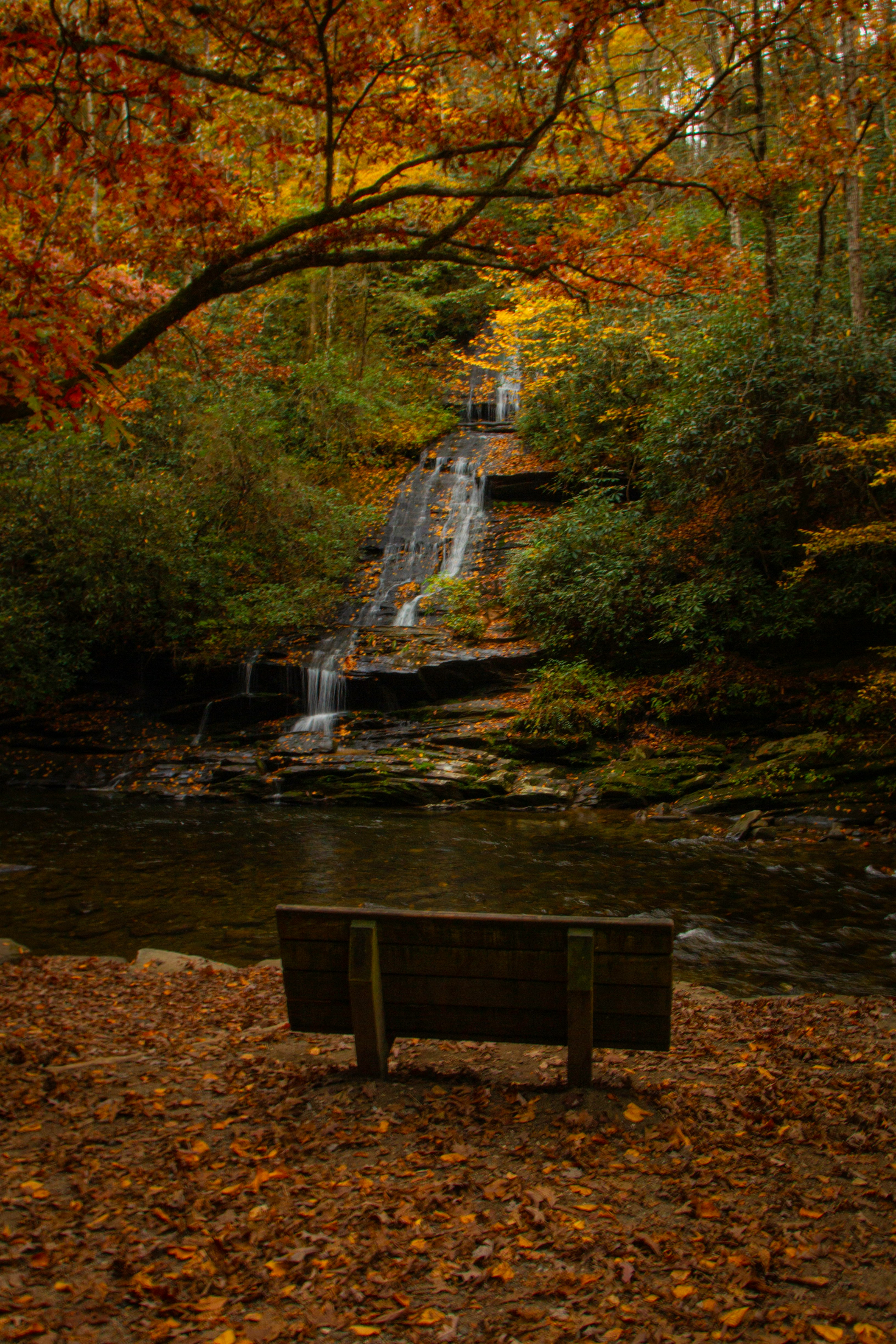 brown wooden bench near water falls during daytime